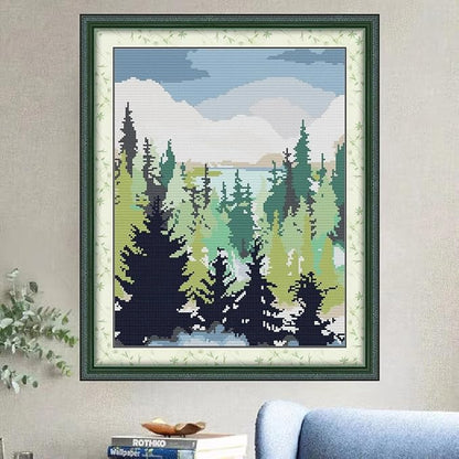 Svarog 14CT Stamped Cross Stitch Kit for Beginners - Easy & Stylish DIY Embroidery with Simple Patterns, Ideal for Women’s Relaxation | Forest Oil Painting 1 | 12.2 x 15.0 inch
