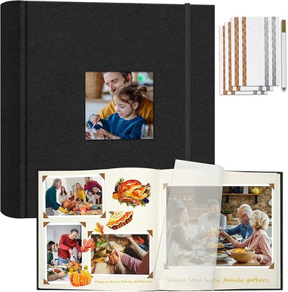 Vienrose Scrapbook Album 12" x 12", Large Linen Photo Album with Writing Space, DIY Scrapbook Supplies for Wedding, Baby, Family Memories & Travel (30 sheets / 60 pages, Black)