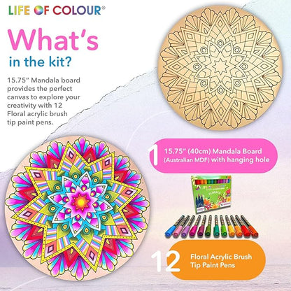 Life of Colour Mandala Painting Kit - Extra Large 15" Color Your Own Beach Engraved Board with 12 Acrylic Paint Pens - Restorative Mandala Art Meets Dramatic Wall Décor, Big 15+ Inch Size