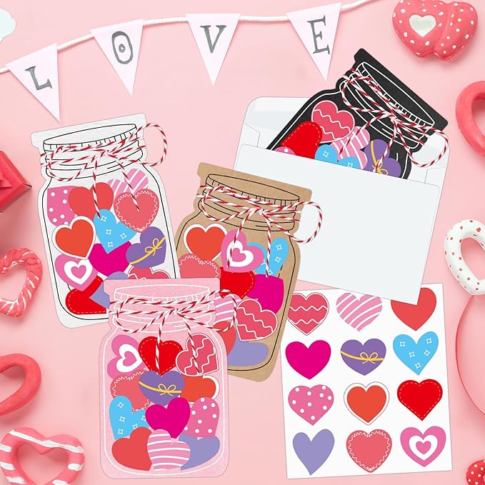 32 Sets Valentine's Day Love Jar Craft Kit DIY Paper Heart in Jar Note Cards and Envelopes Love Hearts Stickers for Valentine's Day Greeting Classroom Activity