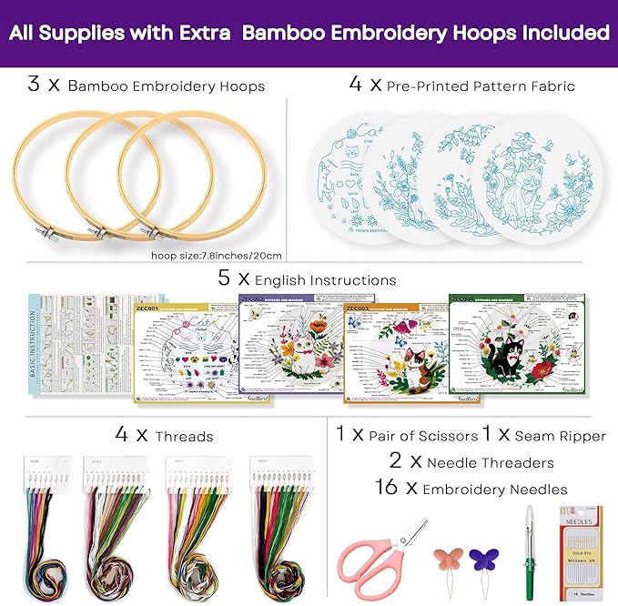ZWZRAFT Embroidery Kit for Beginners, 4 Sets Cat Embroidery Kits, Needle Point Kits for Adults Beginner, with Full Package Sewing Supplies and Detailed Easy-to-Follow Instructions