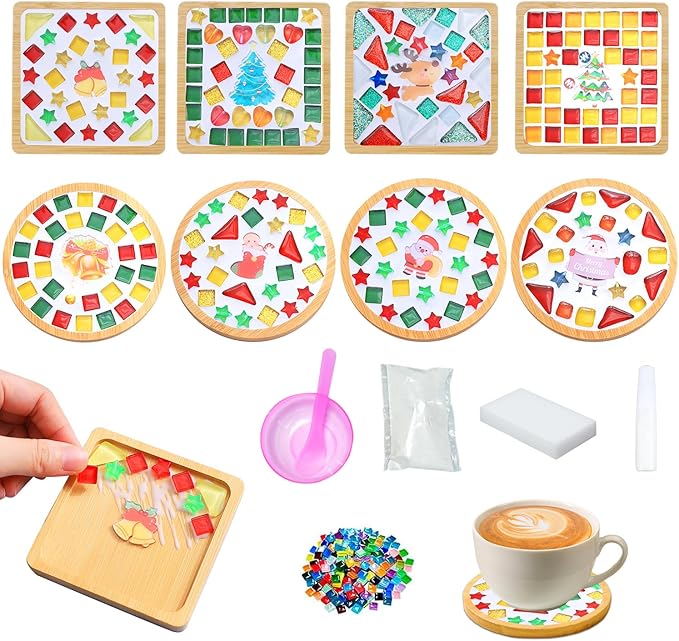 kuchisity 8 Pack DIY Glass Mosaic Tiles for Crafts, Mixed Color Mosaic Kits with Wooden Coasters Adult DIY Coasters Kit for Handmade Beverage Tray Home Christmas Decoration