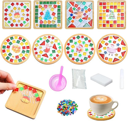 kuchisity 8 Pack DIY Glass Mosaic Tiles for Crafts, Mixed Color Mosaic Kits with Wooden Coasters Adult DIY Coasters Kit for Handmade Beverage Tray Home Christmas Decoration