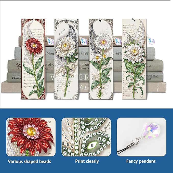 4-Pack 5D Flower Diamond Painting Bookmarks Kit, DIY Diamond Art Bookmarks with Colorful Diamond Gems and Tassels, Floral Bookmark Making Set for Adults, Gift for Book Lovers