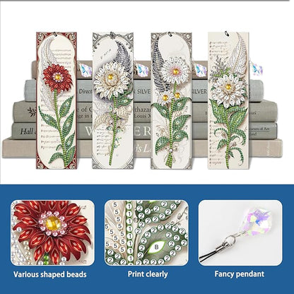 4-Pack 5D Flower Diamond Painting Bookmarks Kit, DIY Diamond Art Bookmarks with Colorful Diamond Gems and Tassels, Floral Bookmark Making Set for Adults, Gift for Book Lovers