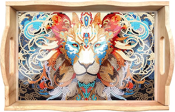 FGbaby DIY 5D Lion Diamond Painting Wood Serving Tray with Handles Diamond Art Decorative Serving Trays Wooden Tray for Breakfast in Bed, Patio, BBQ, Coffee Table, Party –Great for Lap & Couch