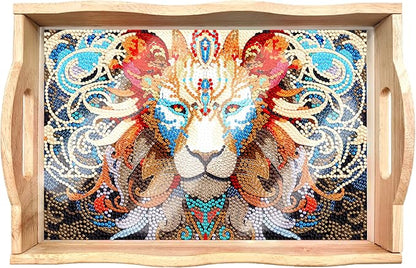 FGbaby DIY 5D Lion Diamond Painting Wood Serving Tray with Handles Diamond Art Decorative Serving Trays Wooden Tray for Breakfast in Bed, Patio, BBQ, Coffee Table, Party –Great for Lap & Couch