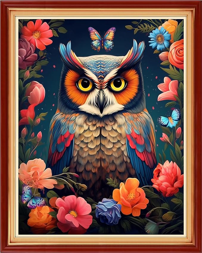 Foxhool Stamped Cross Stitch Kits,11CT Printed Cross Stitch Pattern Full Embroidery Kits for Beginner Needlepoint Kits-Flower owl 16x20 inchs