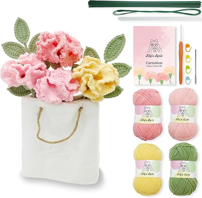 Lily's Lyric Flower Crochet Kit | Carnation & Ash Leaf | Step-by-Step Video Tutorial for Adults Teenagers | Craft Gift Idea DIY Home Decoration