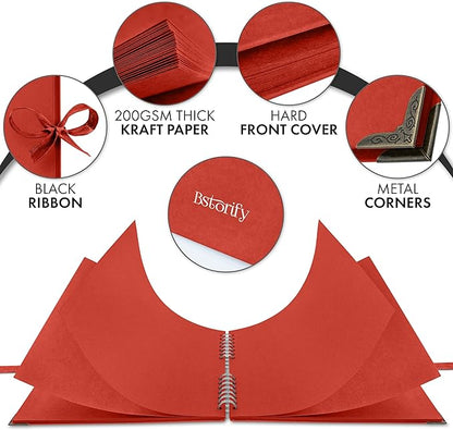 Bstorify 10 x 10 Inches Scrapbook Album 70 Pages Red Thick Kraft Paper Corner Protectors, Ribbon Closure - Ideal for Your Scrapbooking, Art & Craft Projects (Red, 10 x 10 Inch)