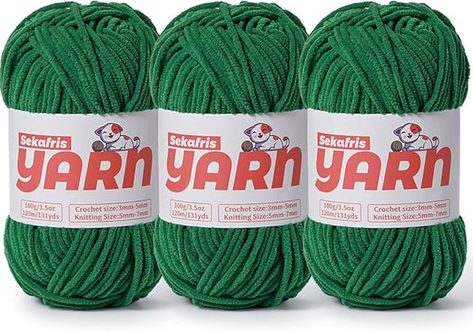 3 Pack Plush Chunky Chenille Yarn for Crocheting, Soft Fluffy Velvet Yarn for Crocheting, Fuzzy Baby Blanket Knitting Yarn, 300g/393yds Bulky Amigurumi Yarns（3 Greener）
