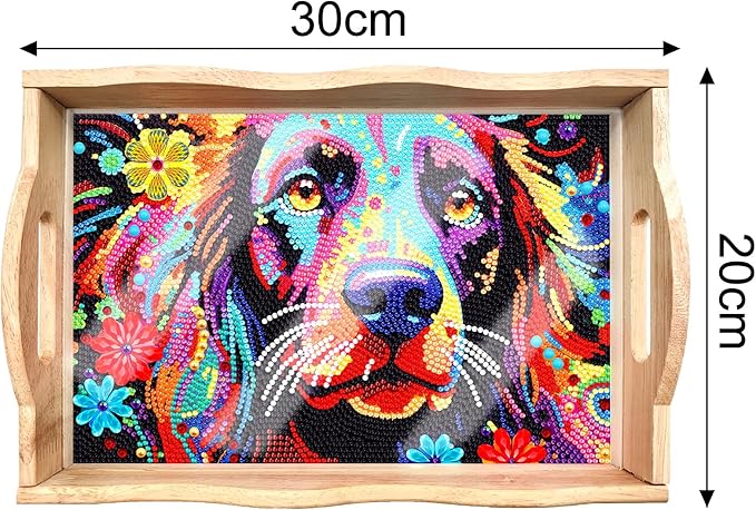 FGbaby DIY 5D Colorful Dog Diamond Painting Wood Serving Tray with Handles Diamond Art Decorative Serving Trays Wooden Tray for Breakfast in Bed, Patio, BBQ, Coffee Table, Party –Great for Lap & Couch