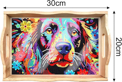 FGbaby DIY 5D Colorful Dog Diamond Painting Wood Serving Tray with Handles Diamond Art Decorative Serving Trays Wooden Tray for Breakfast in Bed, Patio, BBQ, Coffee Table, Party –Great for Lap & Couch