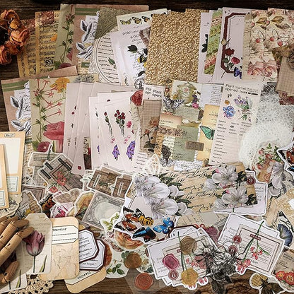 Esweny 260PCS Vintage Journaling Scrapbooking Supplies Scrapbook Sticker Paper Ephemera Pack for Junk Journal Planners Collage Craft Notebooks Album (Flowers and Butterflies)