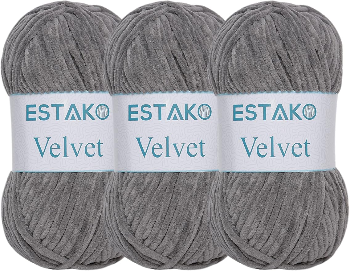 Estako Velvet (3- Skeins Pack) Chenille Blanket amigurumi Yarn for Crocheting and Knitting Super Bulky 3x100 gr (3x132 yds) (1140 - Grey)