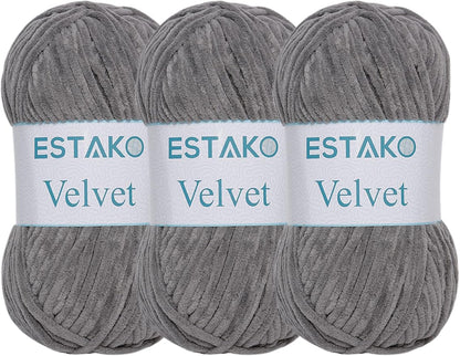 Estako Velvet (3- Skeins Pack) Chenille Blanket amigurumi Yarn for Crocheting and Knitting Super Bulky 3x100 gr (3x132 yds) (1140 - Grey)
