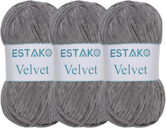 Estako Velvet (3- Skeins Pack) Chenille Blanket amigurumi Yarn for Crocheting and Knitting Super Bulky 3x100 gr (3x132 yds) (1140 - Grey)