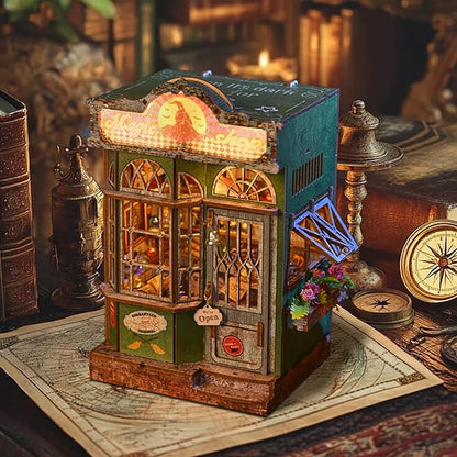 Foyucool DIY Book Nook Kit, Miniature Bookshelf Decor with LED Lights, Laser-Cut Wooden Craft Set for Adults, Creative Gift for Christmas, Birthday, Magic Shop