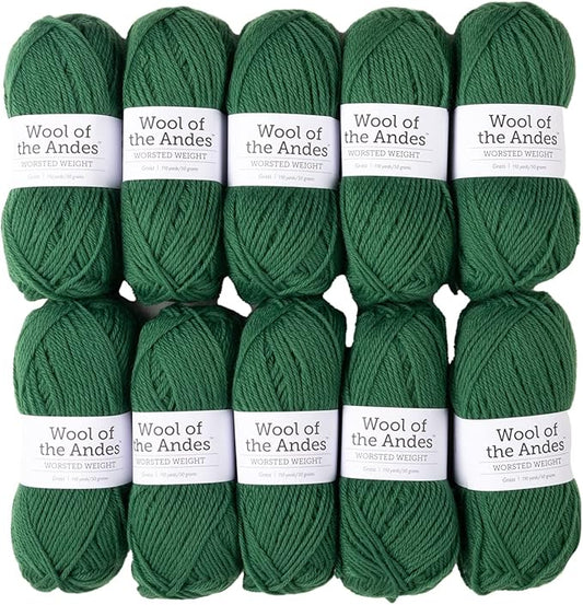 Knit Picks Wool of The Andes Yarn Pack - 10 Skeins of Green 100% Wool Worsted Weight Yarn (Grass)