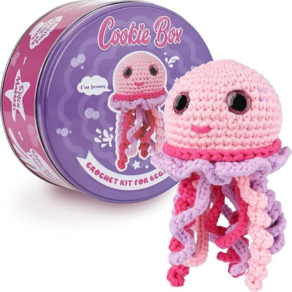 Cookie Box Crochet Kit for Beginners – Gift Set to Make Jellyfish Jenny Amigurumi Plushie – Easy DIY Crochet & Knitting Starter Kit with Video and PDF Tutorials