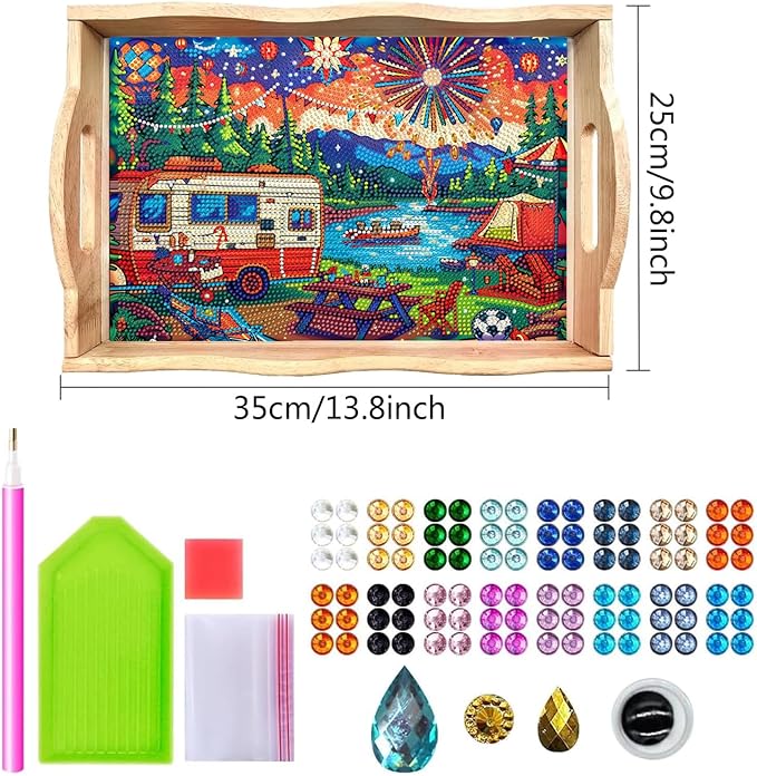 DOTSOPS 5D Diamond Art Kits for Adults Wooden Serving Tray with Handle Special Diamond Painting Plate Big Gem Dots Paint by Numbers Crafts Kits for Living Room Carnival 10 x 14 Inches