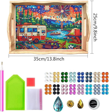 DOTSOPS 5D Diamond Art Kits for Adults Wooden Serving Tray with Handle Special Diamond Painting Plate Big Gem Dots Paint by Numbers Crafts Kits for Living Room Carnival 10 x 14 Inches