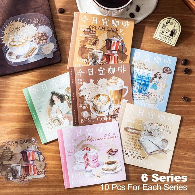 AuriicLeaf Coffee Aesthetic PET Stickers, 60 Pcs Large Collage Ephemera for Scrapbooking, Journaling, DIY Crafting, and Art Supplies