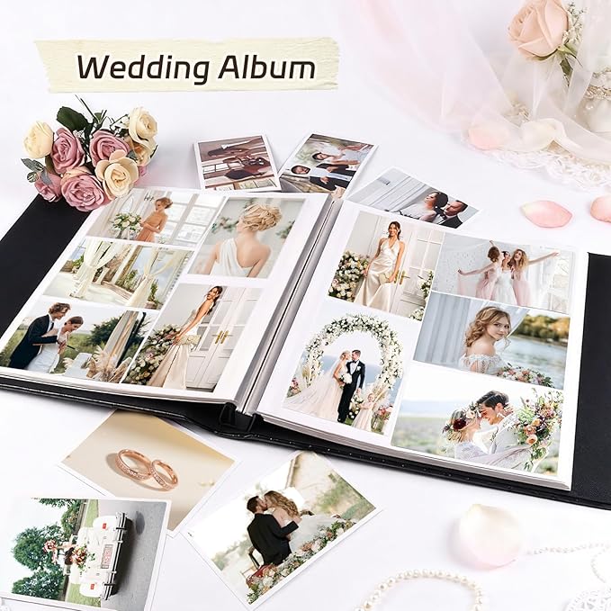 RECUTMS 60 Pages DIY Photo Albums with Sticky Pages Button Grain Leather Cover 4x6 5x7 8x10 Photos of Any Size, Wedding Photo Album Baby Picture Book Family Scrapbook Photo Album (Gray)