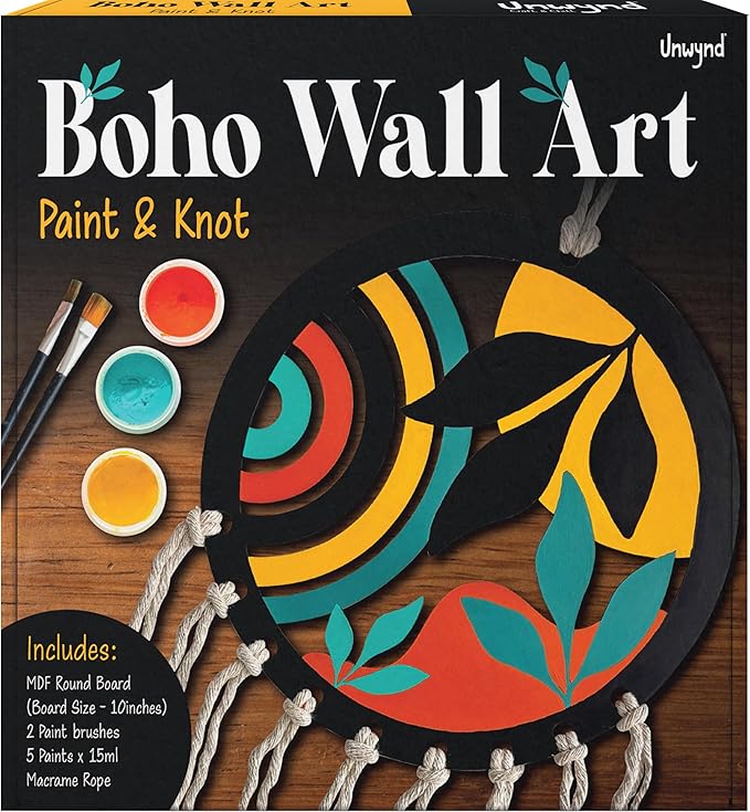 Unwynd Boho Wall Art – Paint & Knot Craft Kit – Paint 10" MDF Round Cutout and Learn Beautiful Macrame Knots, Creative Craft Activity for Adults, Ideal for Home Decoration, Perfect Creative Gift for Adults and Teens