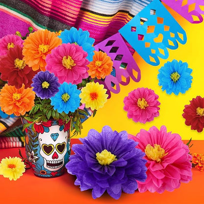 Geyee 18 Pcs Mexican Paper Flowers Colorful Fiesta Tissue Paper Flowers Pom Poms Mexican Carnival for Floral Party Backdrop Wedding Birthday Party Craft (10" 12" 14")