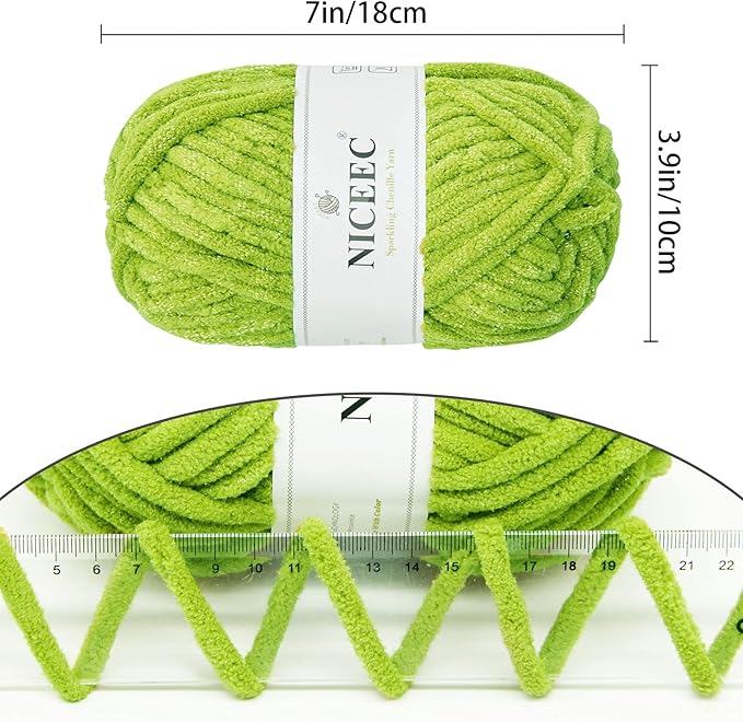 NICEEC 3 Skeins Sparkling Chenille Yarn Soft Blanket Yarn for Crochet & Knitting, Total 165yds/10.6oz - Spring Green