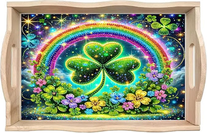 DoxQcs DIY Diamond Art Wooden Tray Kit Easter Food Tray with Handle Diamond Painted Table Decoration Tray for Breakfast Bar Dinner Table Diamond Art Painting for Beginners-#06-Rainbow Clover