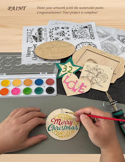 Xenolog Deluxe Wood Burning kit - Ultimate Bundle with Pen, Stand, Tips, Watercolor, Stencils, Graphite Paper, plaques - Beginner-Friendly Gift for Teens, DIY for Anyone into Wood Burning.