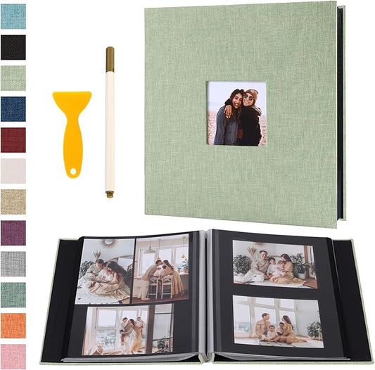 Self Adhesive Photo Album Black Pages Scrapbook Magnetic Photo Albums for 4x6 5x7 8x10 Pictures Books with Sticky Pages with A Metallic Pen for Baby Family Wedding 13.2x12.8 GrassGreen 60 Pages