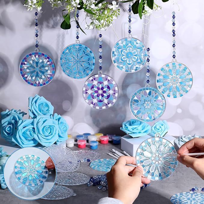 WinnerWhy 30 Sets Winter Snowflake Suncatchers Window Art Kits, DIY Sun Catchers Bulk Crafts Paint Your Own Window Ornaments for Party Birthday Activity Home Decor