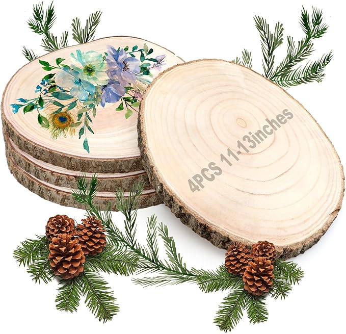 ZOCONE 4 Pcs Large Wood Slices 11-13 Inches Unfinished Rounds, Natural Paulownia Wooden Slices for Centerpieces, Round Wooden Discs Decoration with Bark, Wood Circles for Centerpieces for Painting
