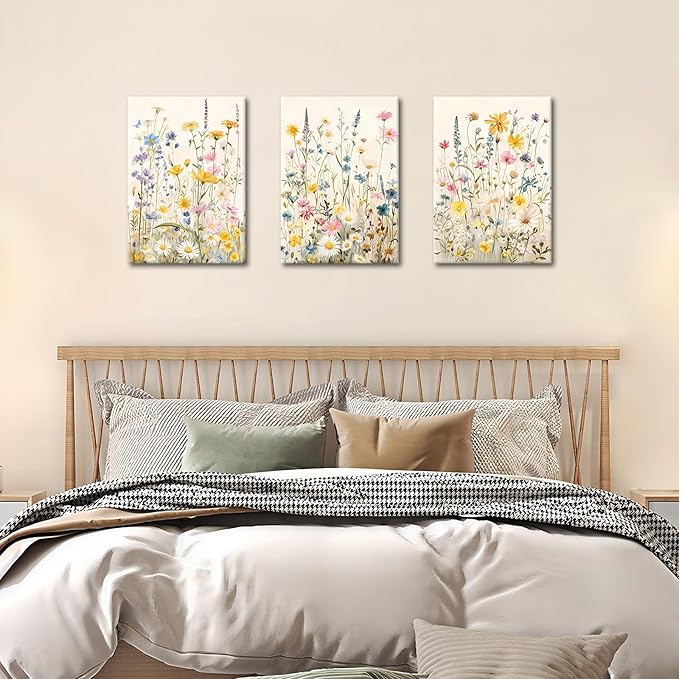WENGTIAO 3Pcs Framed Colorful Wildflower Canvas Wall Art, Yellow Watercolors Flowers Wall Pictures Floral Canvas Prints Wall Decor Paintings for Living Room Girls Bedroom Ready to Hang 12"x16"x3