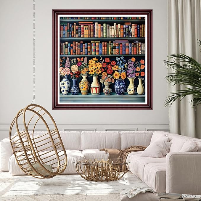 DMCCRAFT Stamped Cross Stitch Kits for Adults 11CT Printed Cross-Stitch Patterns Embroidery Kits Easy Cross Stitching Needlepoint Kits Crossstitch-Bookshelf Flower Vase 18x18 inch