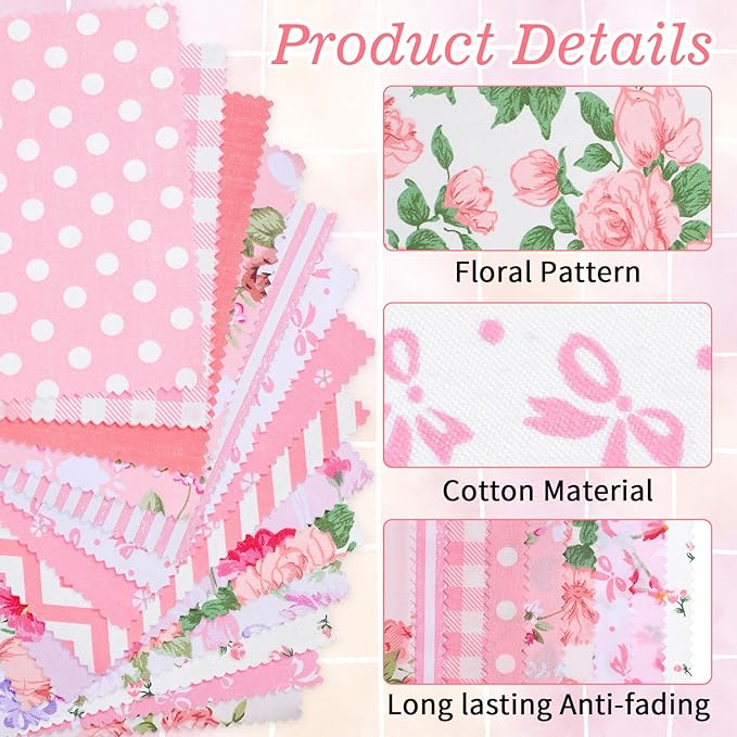42 Pcs Pink Charm Packs for Quilting, 5x5 Inch Precut Cotton Quilting Fabric Squares, Floral Cotton Fabric for Sewing Patchwork DIY Crafts