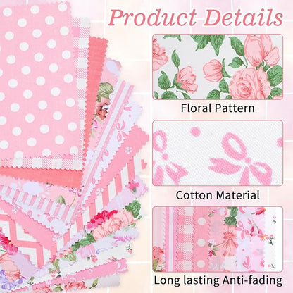 42 Pcs Pink Charm Packs for Quilting, 5x5 Inch Precut Cotton Quilting Fabric Squares, Floral Cotton Fabric for Sewing Patchwork DIY Crafts
