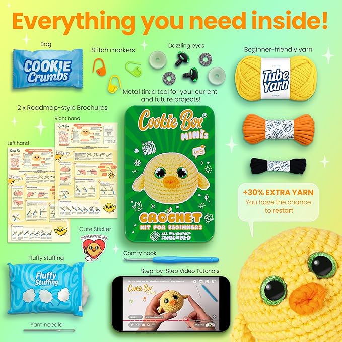 Cookie Box Crochet Kit for Beginners – Gift Set to Make Duck Daisy Amigurumi Plushie – Easy DIY Crochet & Knitting Starter Kit with Printed Instructions & Step-by-Step Video Tutorial