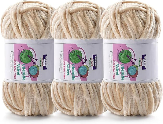 3 Skeins Velvet Chunky Yarn, Chenille Yarn for Crocheting and Hand Knitting, Blanket Yarns for Making Scarves and Knitting Projects - Amigurumi Crochet Yarn (3×3.5oz, 3×87.5yds)