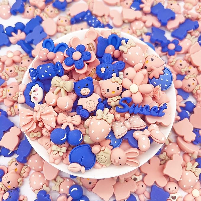 50 Pcs Flatback Cute Resin Slime Charms Bulk for Crafts, Flat Back Mixed Charms for Slime, Slime Charm Bulk for DIY Art Craft Making Kit (Blue Pink)