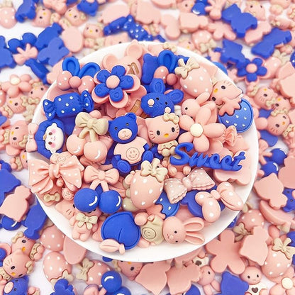 50 Pcs Flatback Cute Resin Slime Charms Bulk for Crafts, Flat Back Mixed Charms for Slime, Slime Charm Bulk for DIY Art Craft Making Kit (Blue Pink)