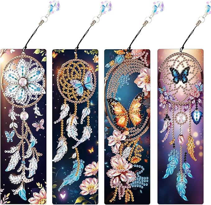 4 Pack Diamond Painting Bookmarks for Adults, 5D DIY Diamond Art Bookmark Kit with Tassels, Rhinestone Craft Supplies for Reading Lovers, Dreamcatcher & Butterfly Designs