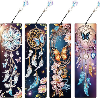 4 Pack Diamond Painting Bookmarks for Adults, 5D DIY Diamond Art Bookmark Kit with Tassels, Rhinestone Craft Supplies for Reading Lovers, Dreamcatcher & Butterfly Designs