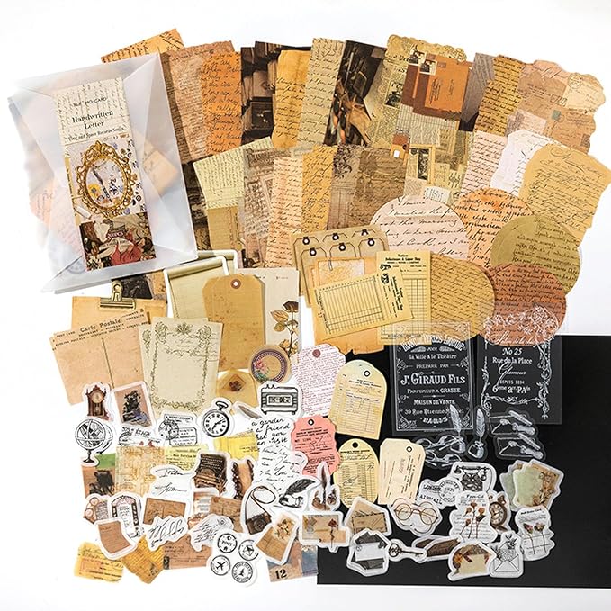 200PCS Vintage Scrapbooking Supplies Pack for Junk Journal Planners Decoupage Paper Scrapbook Stickers Aesthetic Cottagecore Collage Craft Album (Handwritten letters)