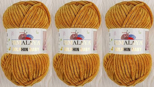 3 Skein/Pack Himalaya Dolphin Baby Chenille Yarn, Each Ball 100 gr (3.5 oz), 120 m (132 Yards), 100% Polyester, Super Bulky Baby Blanket Velvet Amigurumi Yarn, 80330 - Mustard Yellow