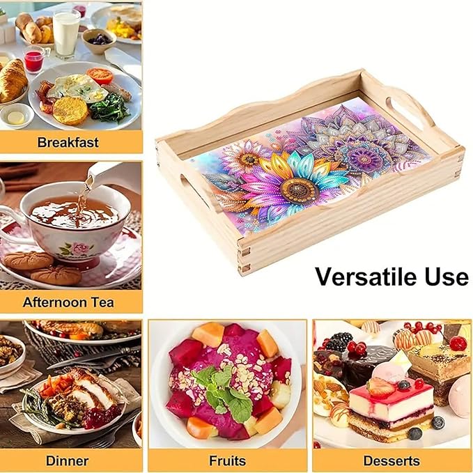 DoxQcs DIY Diamond Art Wooden Food Tray with Handle Diamond Painted Table Decoration Tray for Breakfast Bar Dinner Table Diamonds Art Painting for Beginners-Mandala-1