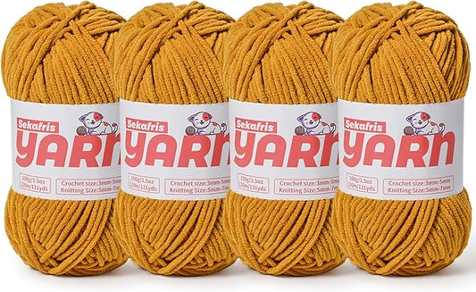 4 Pack Plush Chunky Chenille Yarn for Crocheting, Soft Fluffy Velvet Yarn for Crocheting Amigurumi, Fuzzy Baby Blanket Knitting 400g/524yds Bulky(4 Ginger Color)